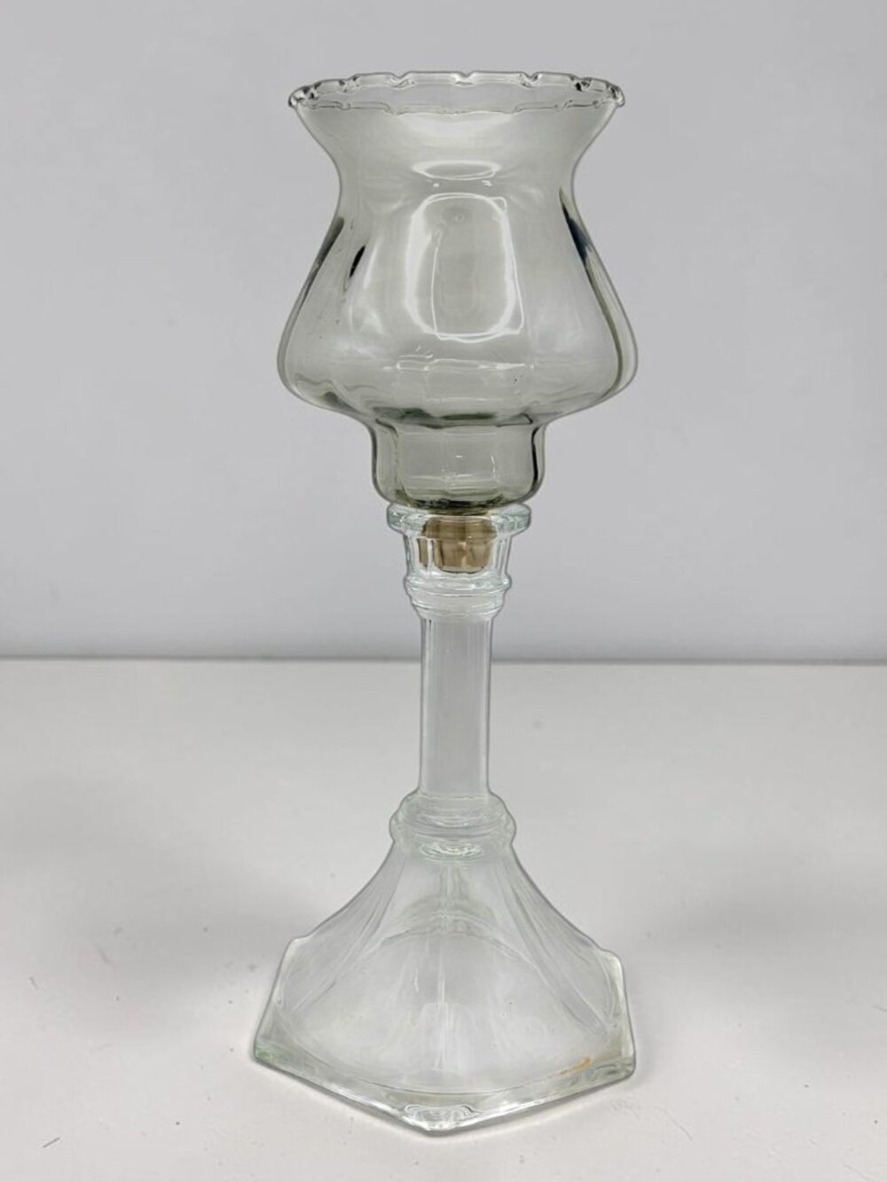 Vintage Clear Glass Hurricane Candle Holder Scalloped Shade Hexagon Base 10.5"